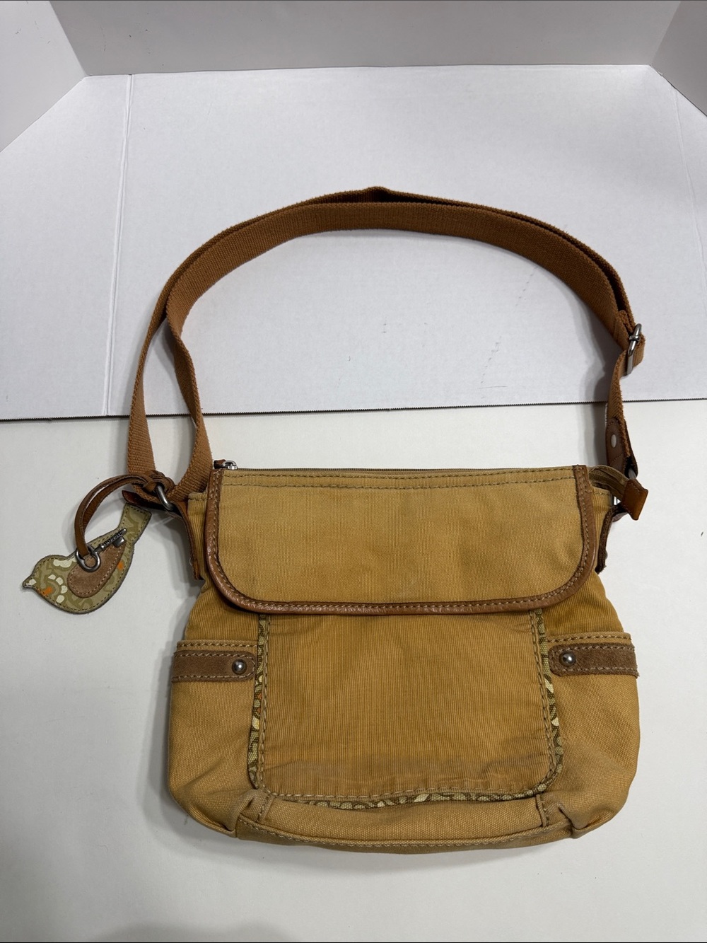 Vintage Fossil Mustard Canvas Crossbody with Leather Trim